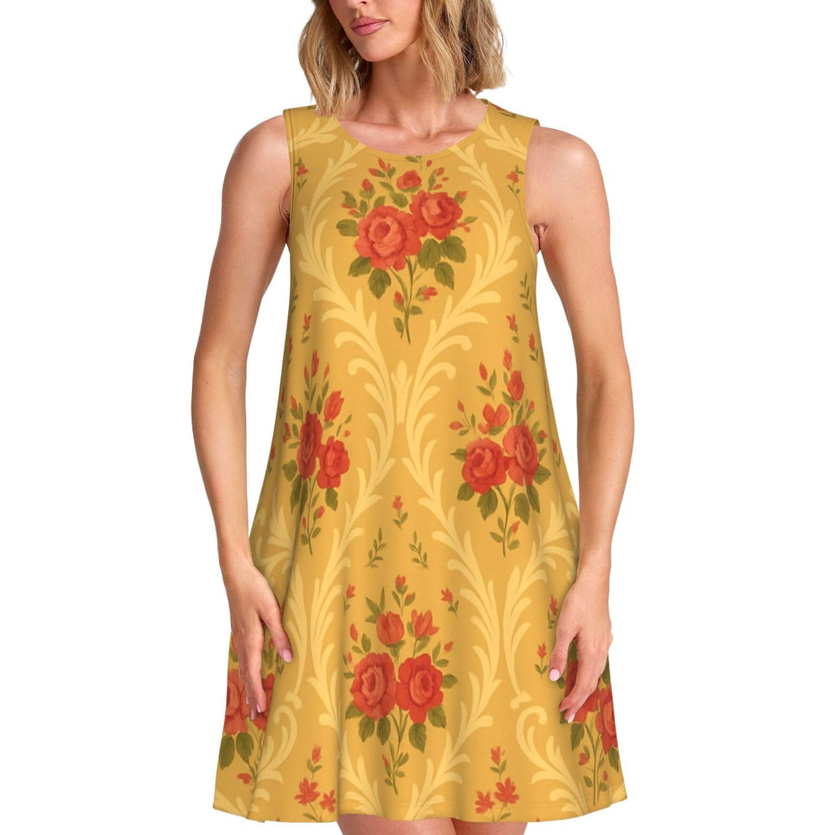 sans manches à fleurs, style victorien vintage, avec 2 poches latérales, coupe trapèze.